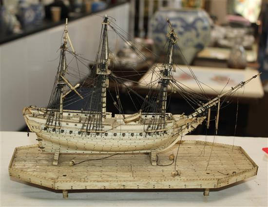 A Napoleonic prisoner-of-war bone model of a French/English frigate